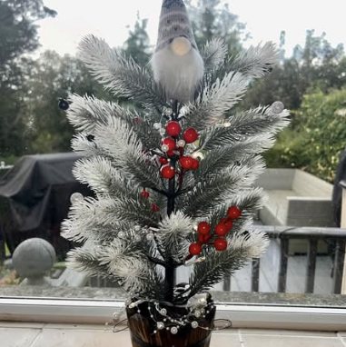 Small frosted Christmas tree with red berries and a grey Gonk on top
